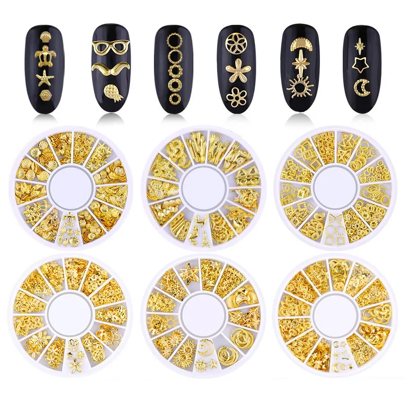 

17 Types Gold Rivet Nail Studs 3D Mixed Design Alloy Metal Slice Hollow Moon Star Seashell In Wheel for DIY Nail Art Decoration