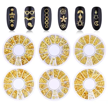 

17 Types Gold Rivet Nail Studs 3D Mixed Design Alloy Metal Slice Hollow Moon Star Seashell In Wheel for DIY Nail Art Decoration