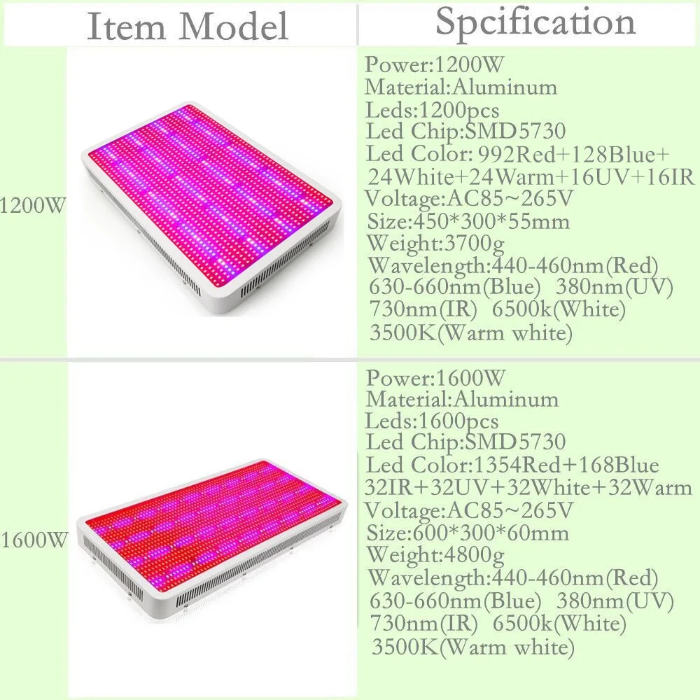 Полный спектр 1600 W 1200 W светодиодный свет завод красные, синие УФ ИК Светодиодная лампа для парниковый эффект; Выращивание растений без