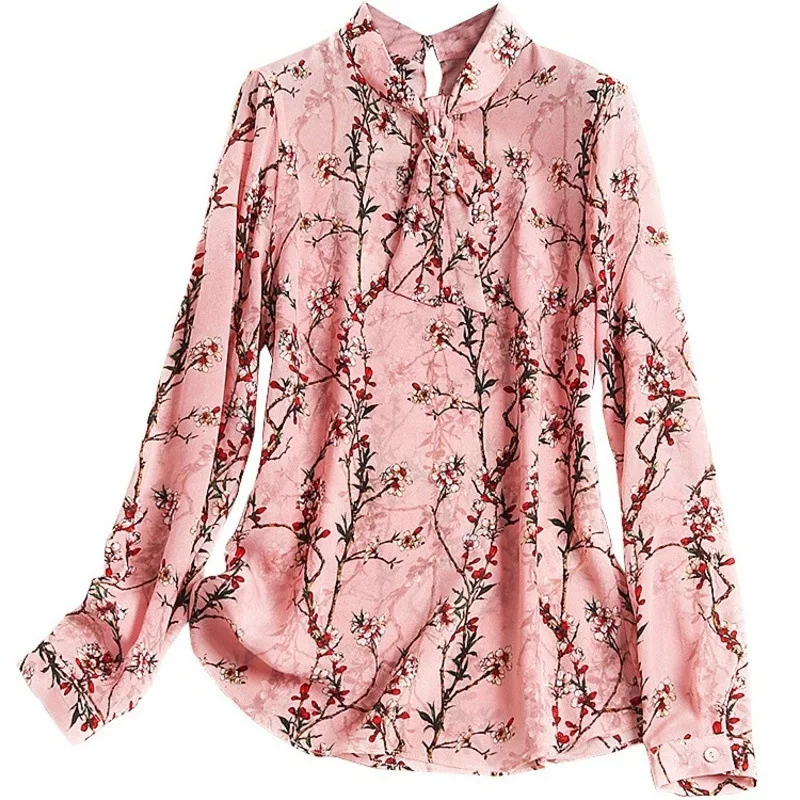Camisa La De Flores Las Ropa Femininas Chic Pajarita Pradera Rosado Mujeres Shuchan Moda Blusas C949 Tops Estampado SxqYw1Bp