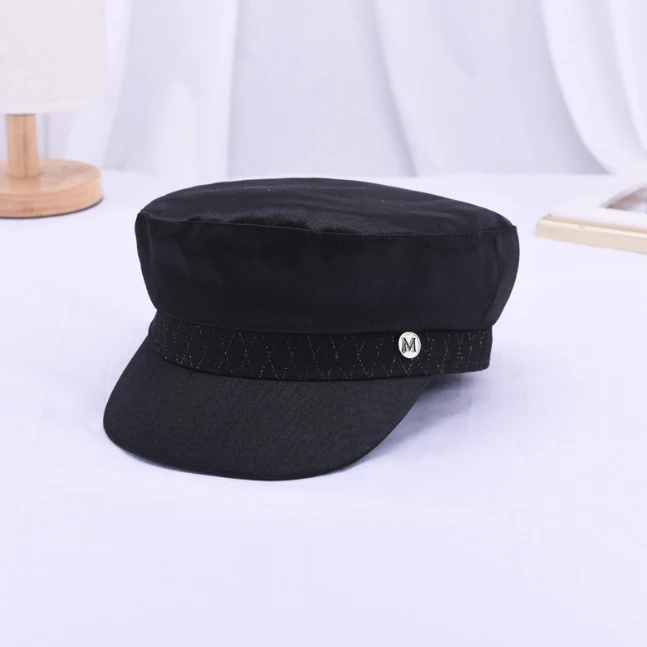 Атласная Военная Кепка женская модная шляпа в стиле милитари бейсболка кола, кепки Женская кепка берет Британский Ретро стиль гладкая Кепка - Цвет: black