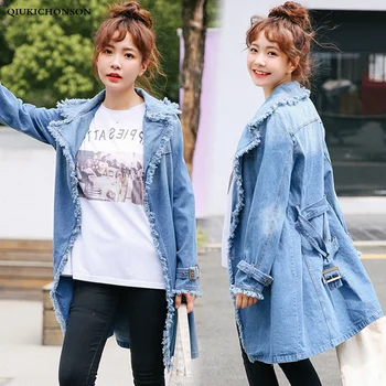 

Spring Autumn Coat Women Korean Style Fringe Notched Collar Long Denim Trench Coat Ladies Tunic Windbreaker lange jas dames