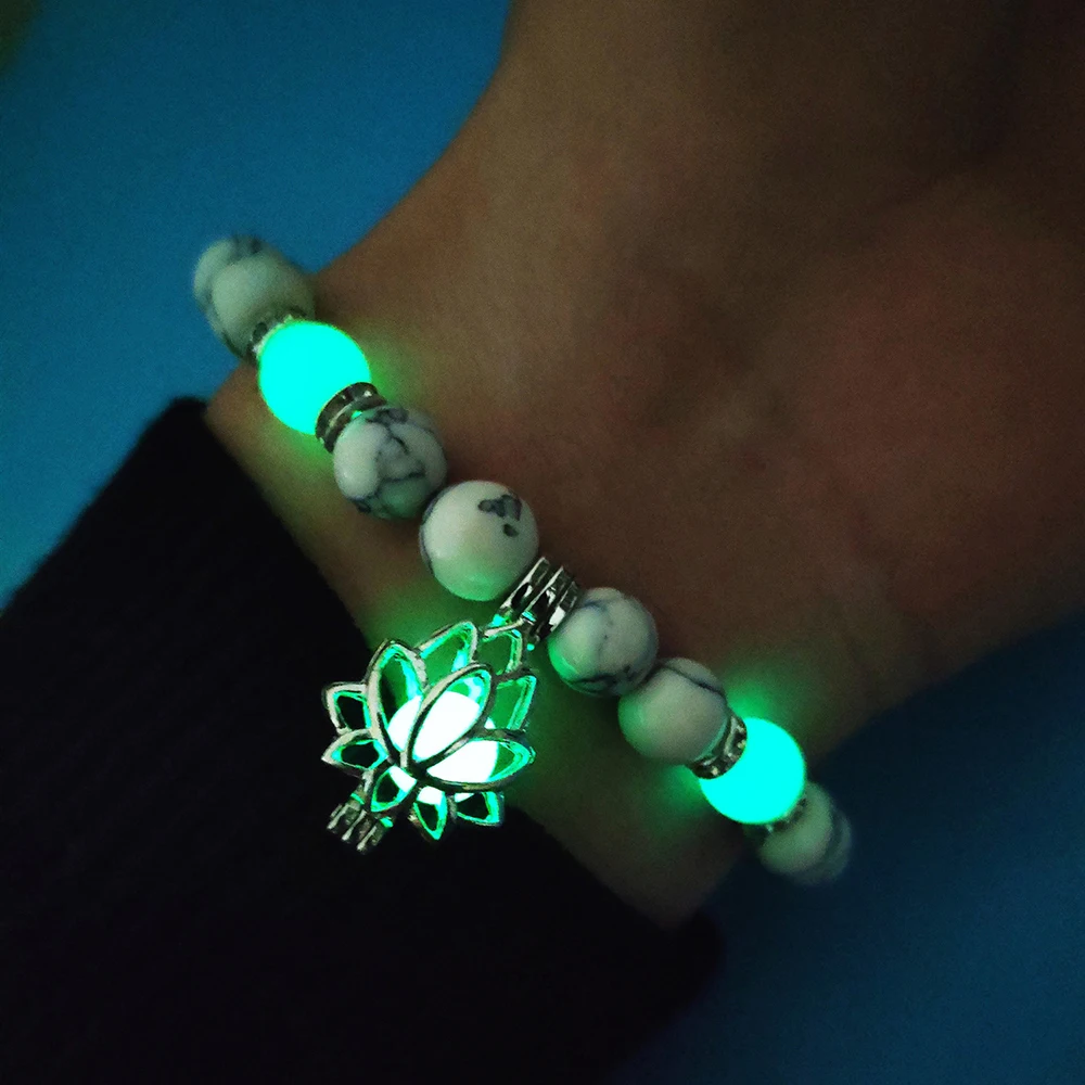 Natural Stones Luminous Glowing In The Dark Lotus Flower Shaped Charm Bracelet For Women Yoga Prayer Buddhism Jewelry - Image 3