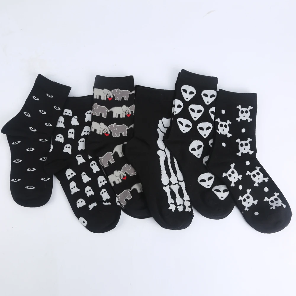 Modeager Fashion Hip hop Black Color Skeleton Alien Halloween Cool Women Socks Cotton Soft Summer Thin Novelty Socks for Women Modeager Fashion Hip hop Black Color Skeleton Alien Halloween Cool Women Socks Cotton Soft Summer Thin Novelty Socks for Women