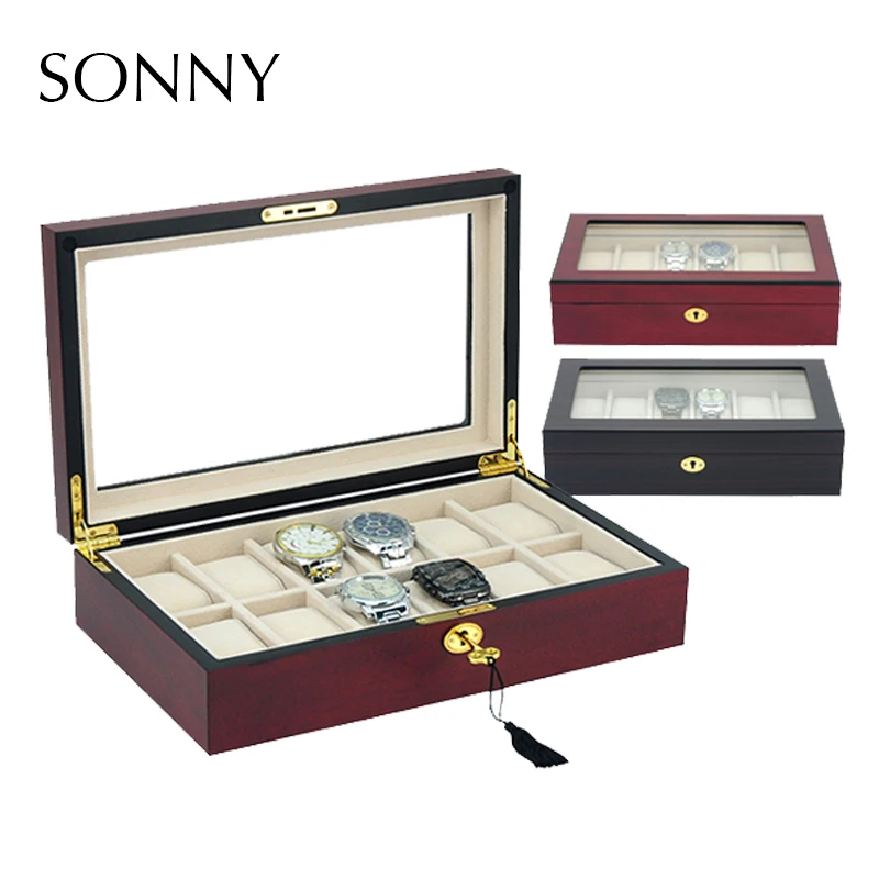 SONNY Wooden Watch Box 12 Slots Display Storage Organizer Case Large Glass Top with Metal Lock | Наручные часы