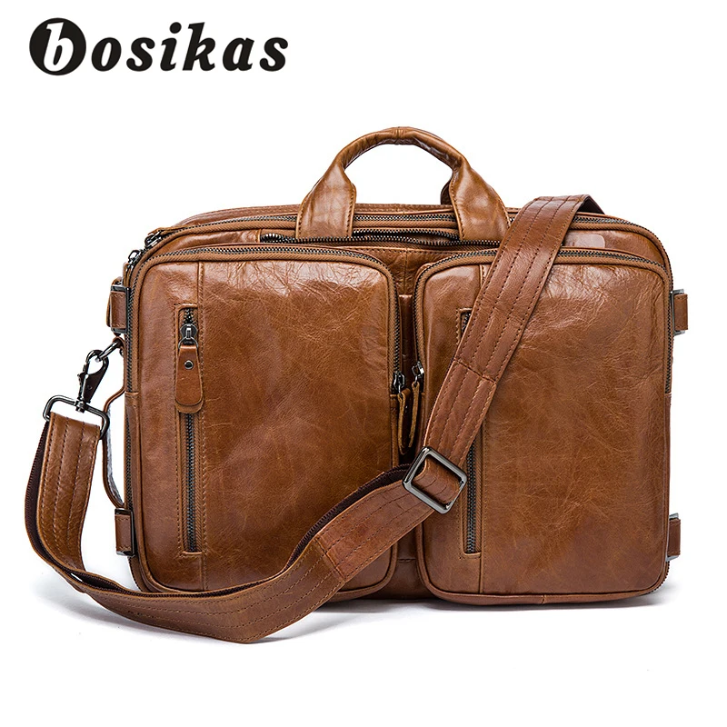 

BOSIKAS Genuine Leather Business Mens Briefcases Double Purpose Bag With Shoulder Strap Large capacity Bags Leather laptop bag