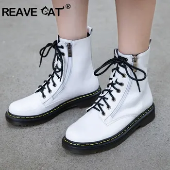 

REAVE CAT Genuine leather lace up boots black white Block Low Heel Boots Woman lady Hiking shoes Winter spring big size 40