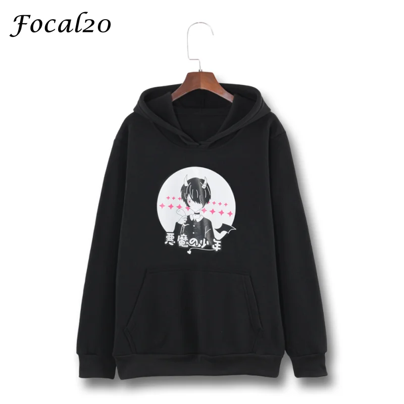 

Focal20 Harajuku Demon Boy Print Women Fleeces Hoodies Oversize Velvet Hooded Sweatshirt Autumn Winter Pullover Streetwear