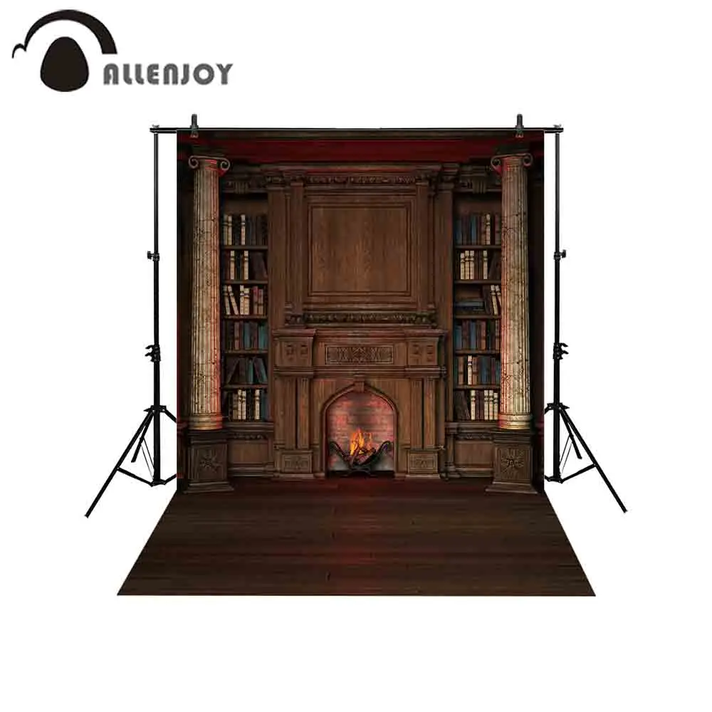 

Allenjoy backdrop for photographic studio Vintage private library bookcase fireplace Roman column photo background photocall