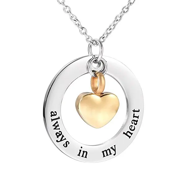 

LCC001 Free Custom Engraved Tiny Heart Urn Charm Necklace Inside Always In My Heart Circle Stainless Steel Cremation Pendant