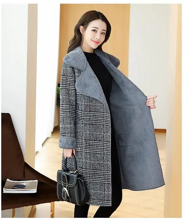 Осенне-зимняя одежда, теплое шерстяное пальто для женщин, женские пальто с длинным рукавом, корейское клетчатое шерстяное пальто для женщин, модное длинное пальто 2055
