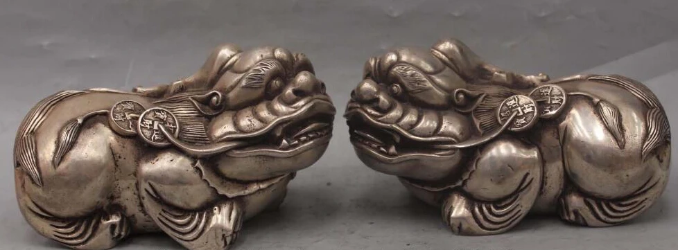 

6" Chinese FengShui Silver Money Wealth PiXiu Fu Dog Lion beast Statue Pair R0709 B0403