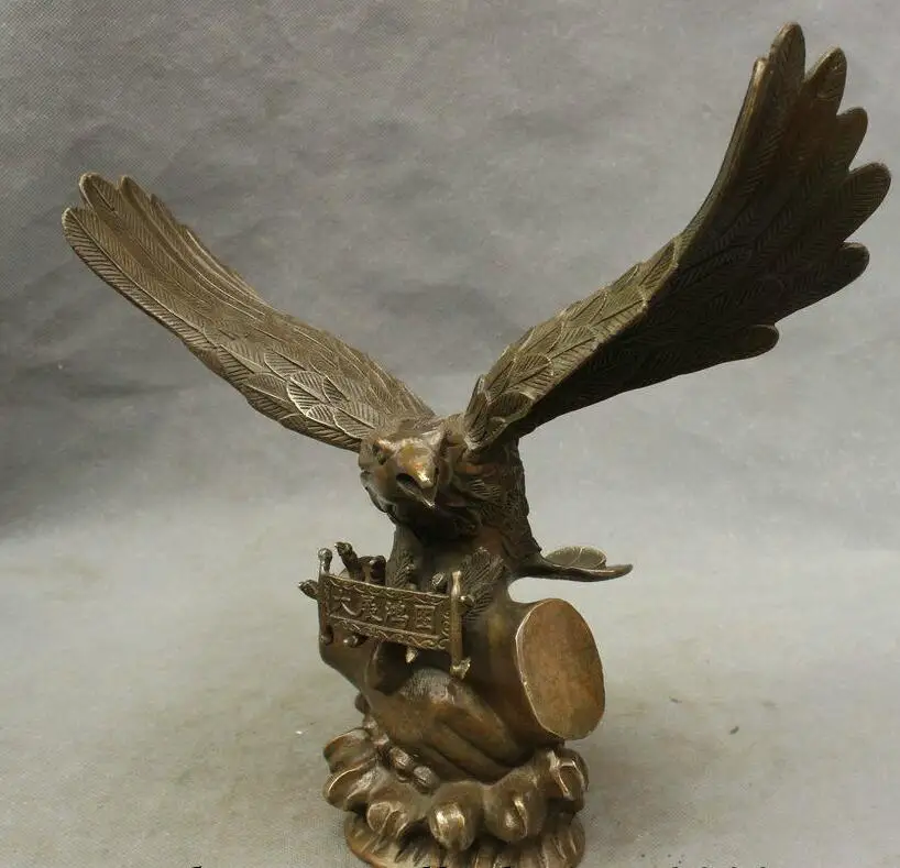 

880070202<<<11" Chinese Folk Bronze Copper Success Cooperate Lifelike Hawk Eagle Bird Statue