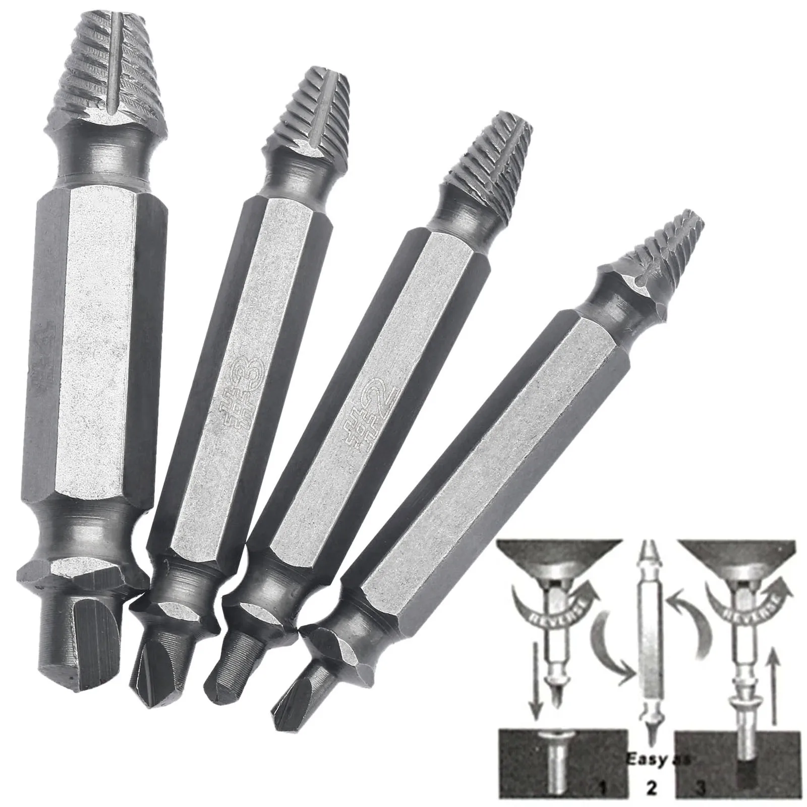 

4Pcs Tools for Carpentry Screw Extractor Drill Bits Broken Damaged Bolt Remover Easy Out Double Side Bolt Stud Screw Extractors