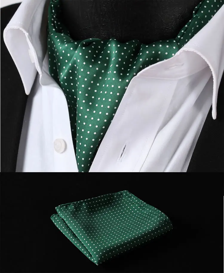 

RD103G Green White Polka Dot Silk Cravat Woven Ascot Tie Pocket Square Handkerchief Suit Set