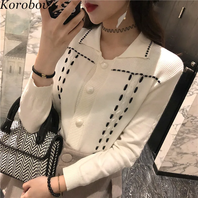 

Korobov New Arrival Patchwork Female Cardigans Single Breasted Long Sleeve Sweaters Korean Turn-down Collor Sweater 76496