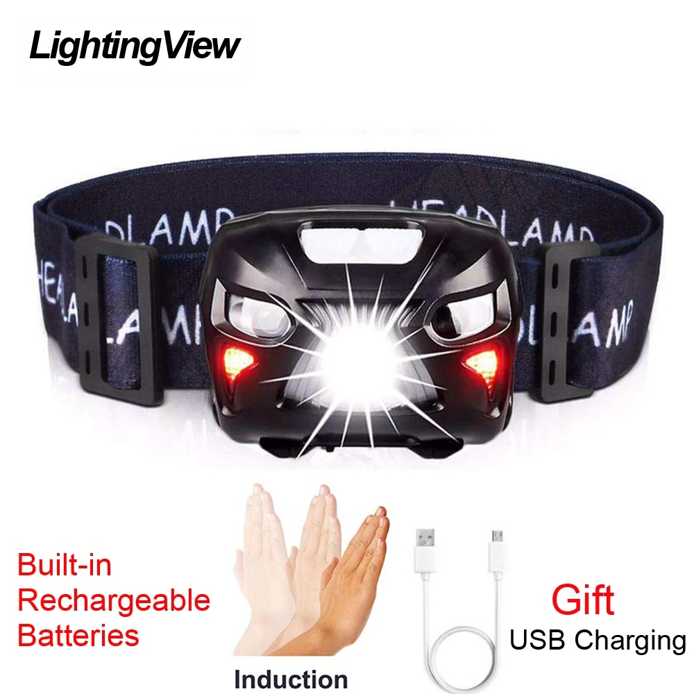 

Lightingview Mini Rechargeable Induction Headlamp Motion Sensor LED Headlight Head Flashlight Camping Torch Light Lamp With USB