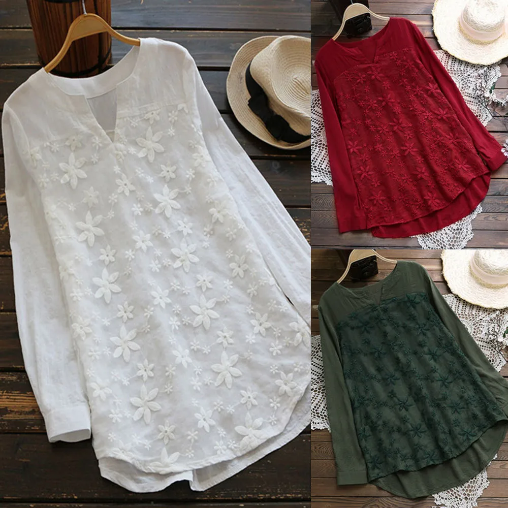 

Women Clothes comfortable Floral Lace Embroidery V-Neck Long Sleeve Loose Baggy Tops Shirt Blouse chemisier femme 2019 #G