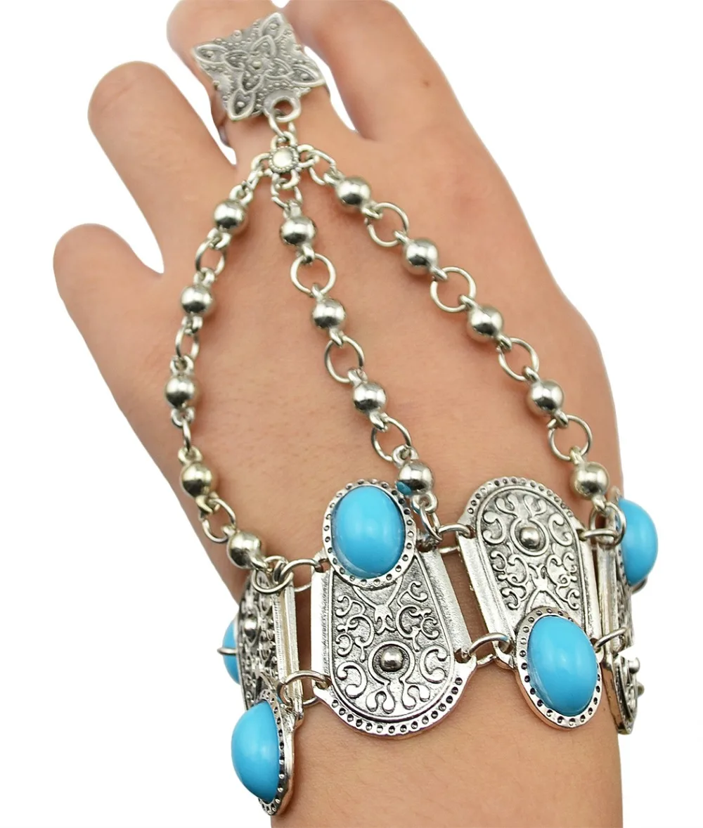 Vintage Finger Bracelet Pulseras Bohemian Gypsy Beach Charm Turkish Coin Pendant Hand Chain Blue Stone Slave Bracelet Bangle bracelet jewelry