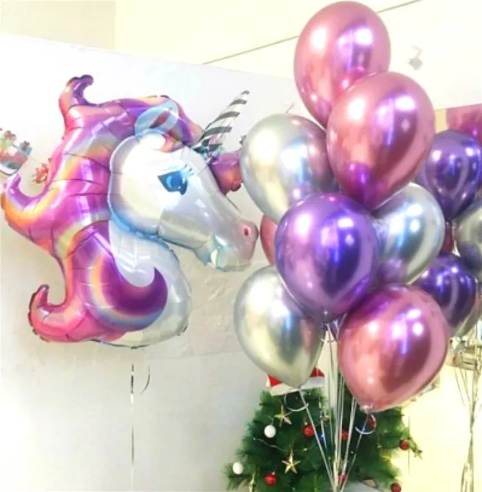 

1 set Large 116cm Purple Unicorn Foil Balloons with 12'' Chrome Metallic Latex Baloon Birthday Unicorn Party Decoration kids Toy