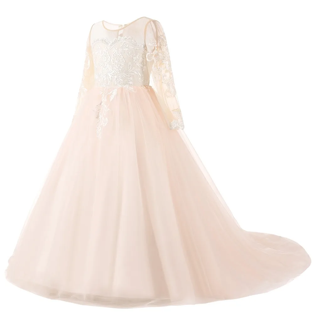 Платья для девочек с цветочным узором цвета шампанского; коллекция 2019 года; платья с длинными рукавами для причастия с аппликацией и