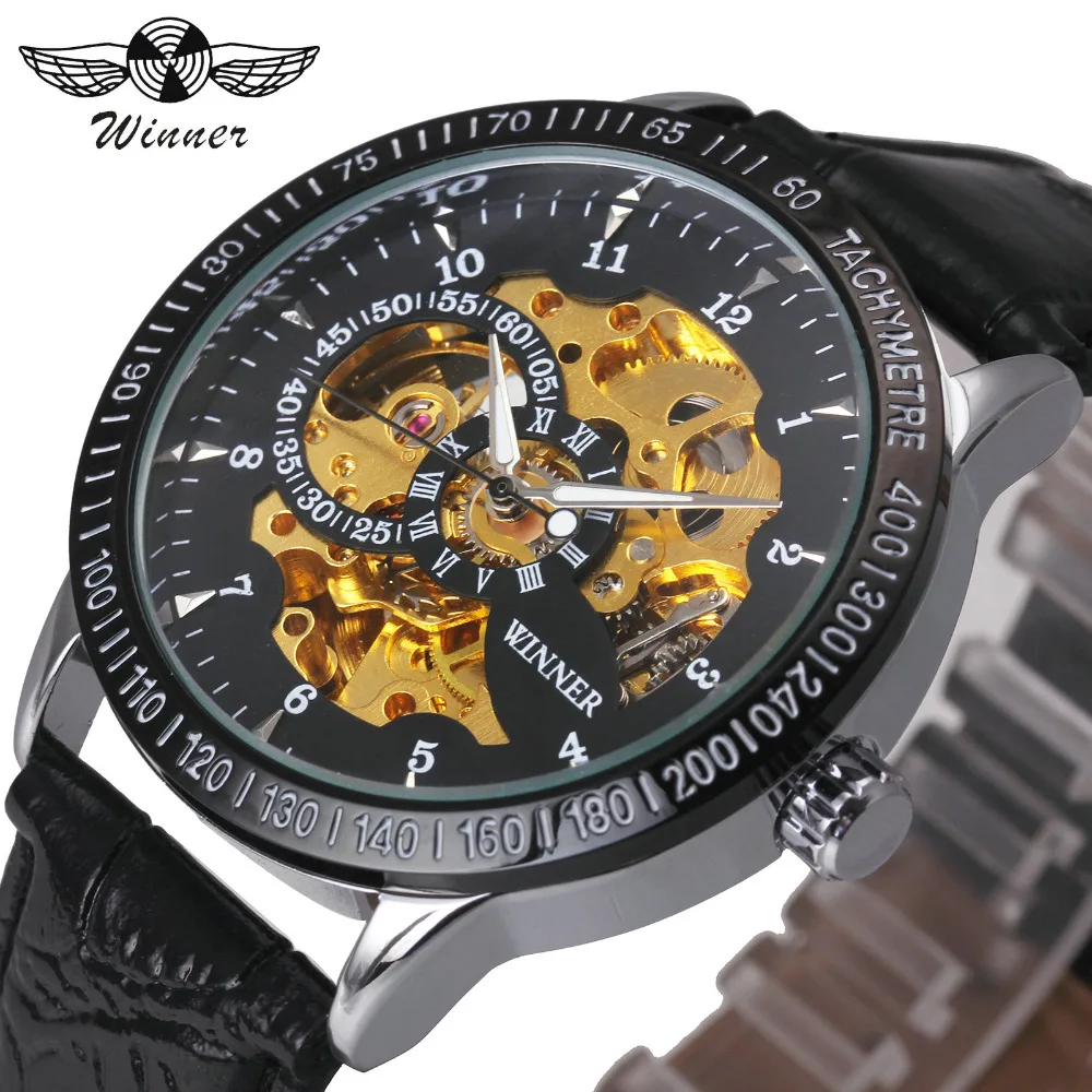 

2019 WINNER Casual Men Automatic Mechanical Watch Soft Leather Band Golden Skeleton Dial Luminous Hands Male Wristwatch +BOX