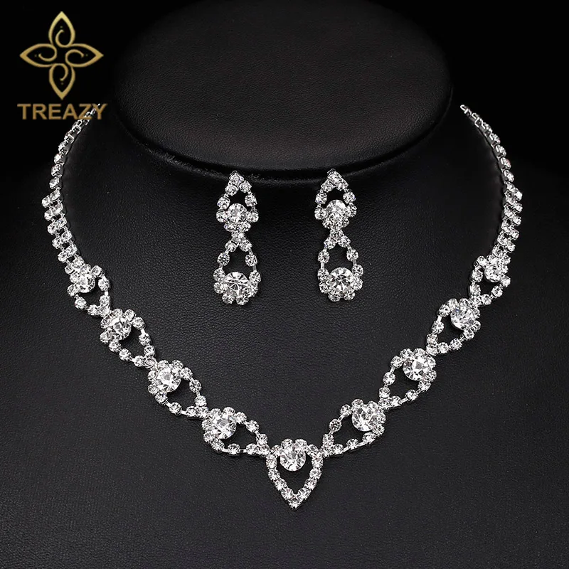 TREAZY Elegant Crystal Bridal Jewelry Sets Silver Color Waterdrops