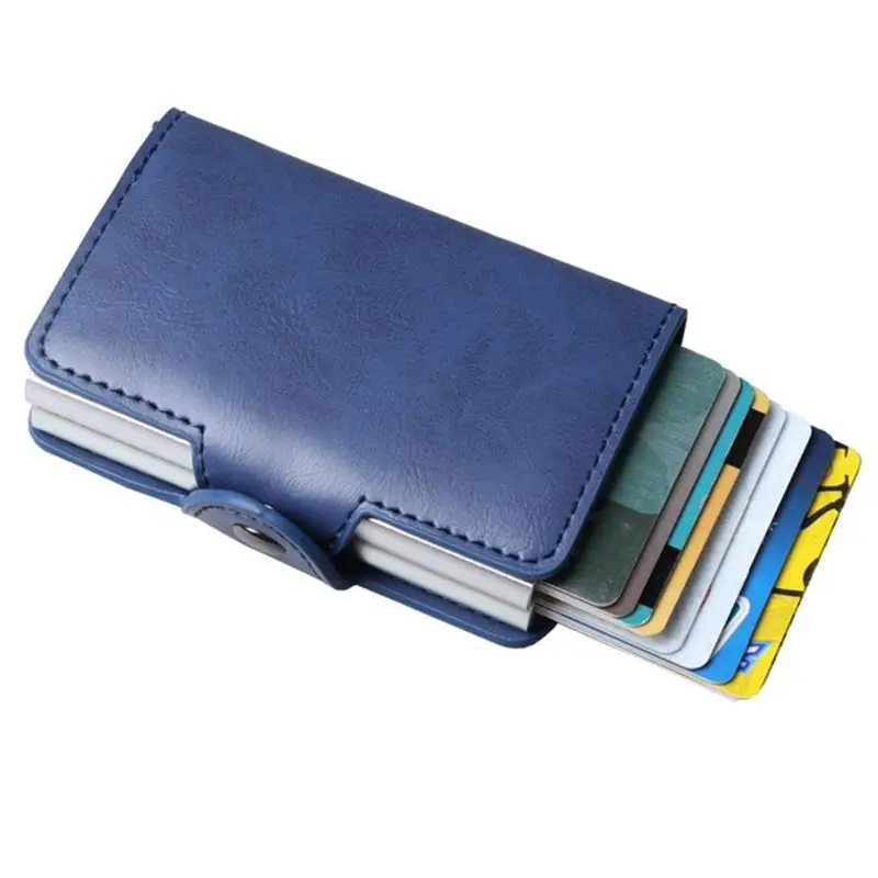 

Men Wallet Card Holder RFID double Aluminium Alloy Credit Card Holder Leather purse Antitheft Men Automatic Pop Up RFID Wallet