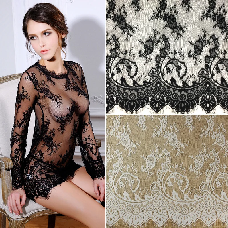 

Black and off white Computer embroidery eyelash lace Wedding dress Eyelash lace fabric