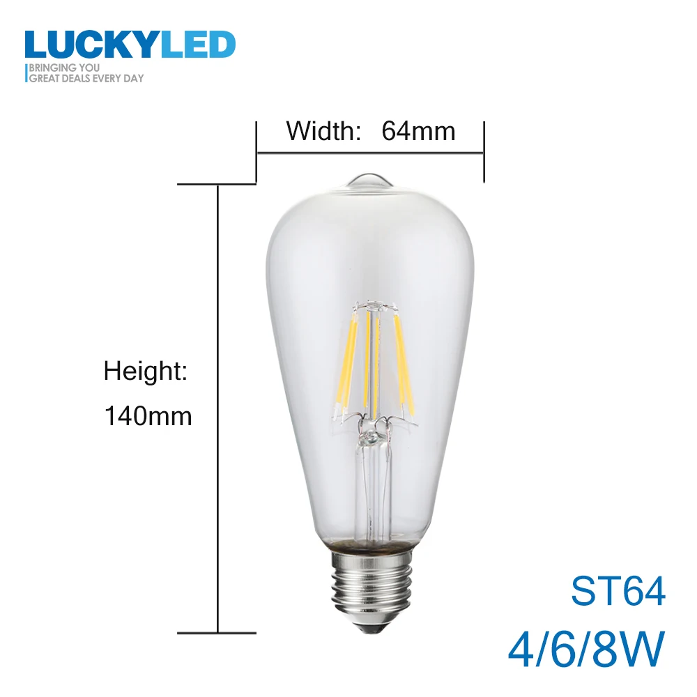 LUCKY Led лампа E27 E14 220 В с регулируемой яркостью 2 Вт 4 Вт 6 Вт 8 Вт, светодиодный светильник в виде свечи, Ретро лампа Эдисона, винтажный стиль C35 A60 ST64