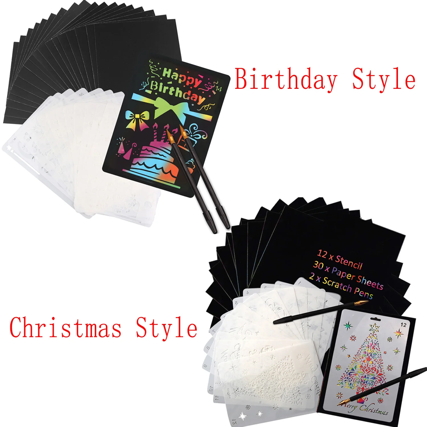 

44PCS DIY Magic Color Rainbow Scratch Painting Toys=12 Christmas Drawing Stencils+30 Scratch Paper+2 Double-head Sketch Art Pen
