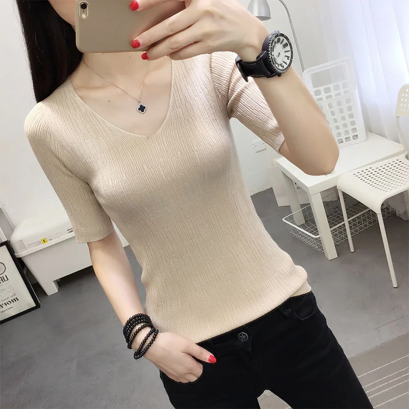 

OHCL black white Autumn Winter Sweater Women solid Knitted Sweater Pullovers long sleeve tops Wave Cut V-neck Basic office 2018