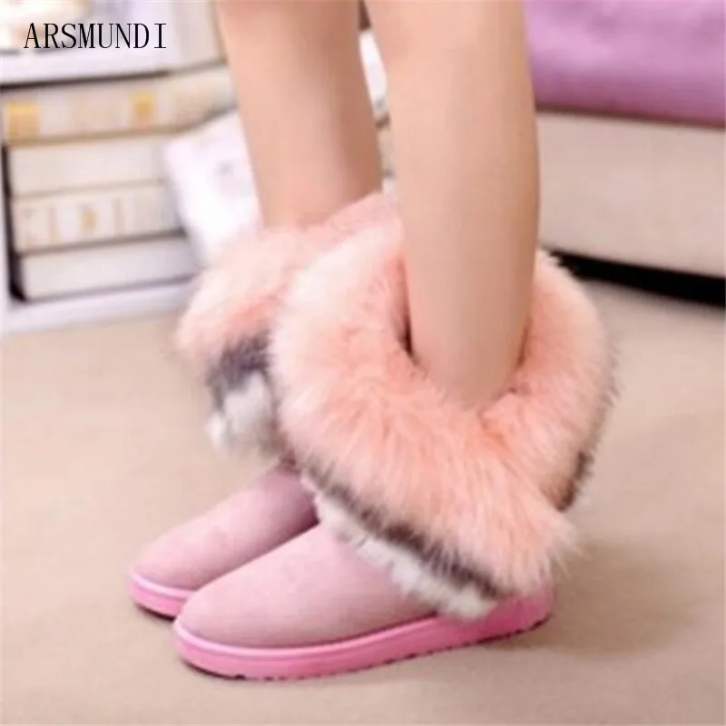 

ARSMUNDI Women Flats Ankle Snow Boots Fur Boots Winter Warm Snow Shoes woman Round-toe Female Flock Leather Women Shoes M222