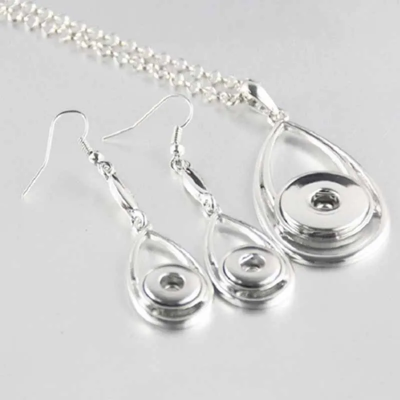 

5Sets Silver Alloy Water Drop Snap Jewelry Necklace With Earrings Fit 18MM Snap Button Charms