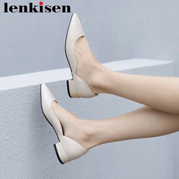 

2019 young girls natural leather british style office lady chunky low heels slip on european movie stars cozy shallow pumps L07