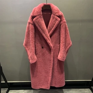 Женские шерстяные пальто длинные Шерсть альпака плюс размер пальто мода зима свободные кашемировые верхняя одежда толстые и теплые - Цвет: Розовый