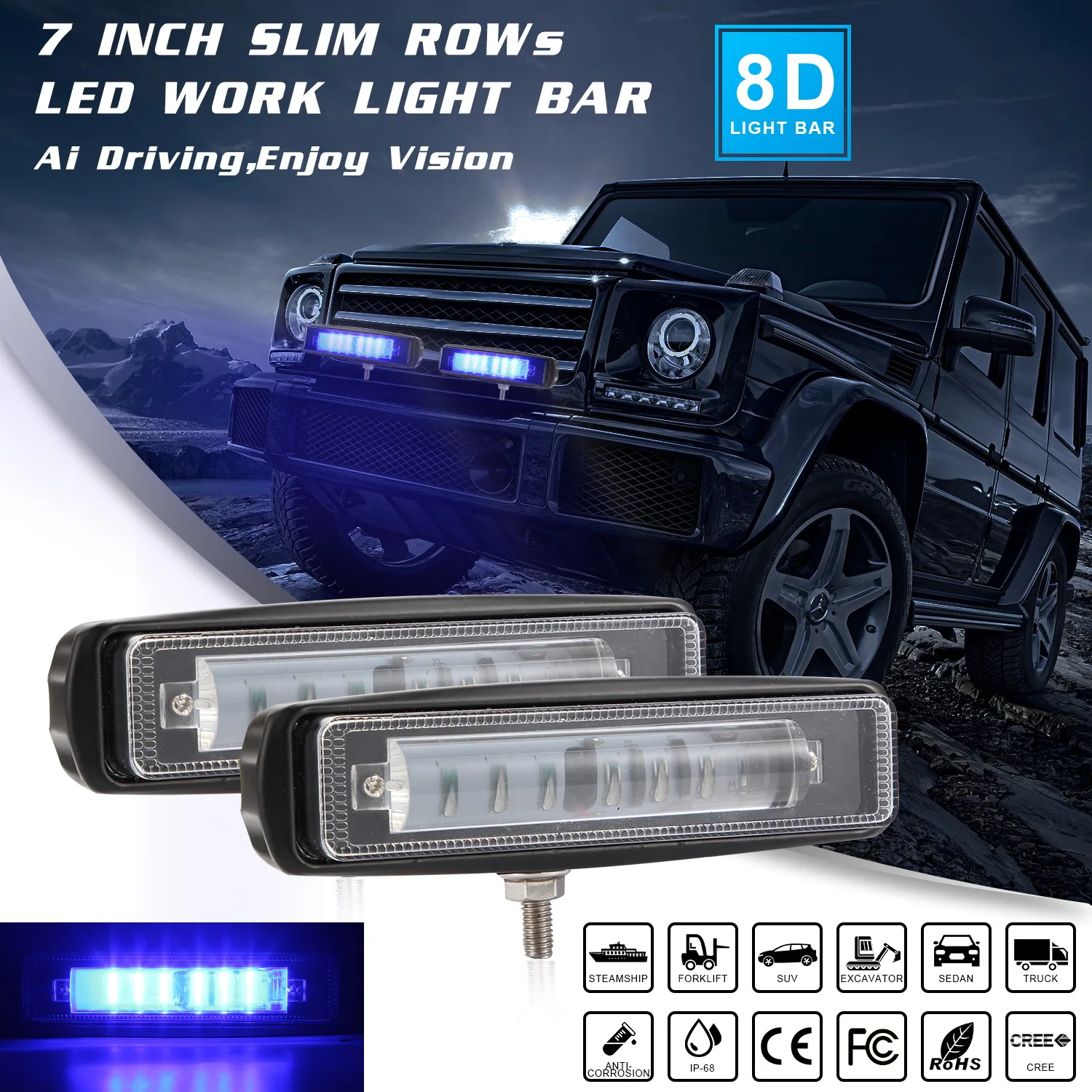 1pcs/2PCS 7 inch 120W convex lens LED Light Bar for Driving Offroad Boat Car Tractor Truck 4x4 SUV Single Row 8D Blue Spotlight