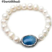 Натуральный Белый пресной воды жемчужина картофеля бисер голубой Агат Плоские Овальные Шарм Эластичный линии стрейч Браслеты модные вечерние украшения