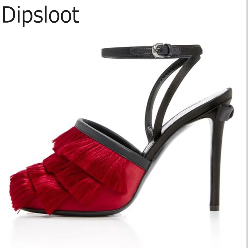 Elegant Women Filament Tassel Covered Open toe Satin Sandals Stiletto