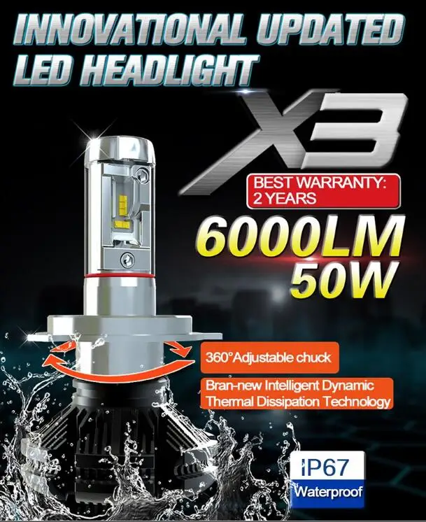 1 комплект 50 Вт 6000LM X3 светодиодные фары H1 H4 H7 H8 H9 H11 9005 9006 9012 H13 9007 2nd lumilled ZES чипы