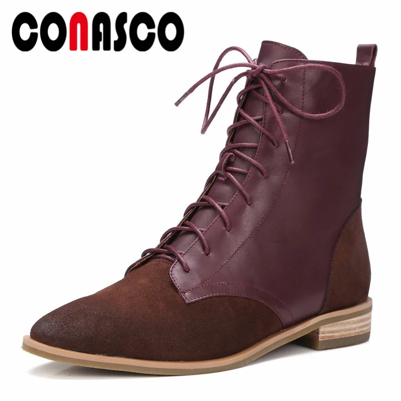 

CONASCO New Women Sexy Round Toe Motorcycle Boots Retro Genuine leather Corss-tied Autumn Winter Snow Shoes Woman Basic Boots