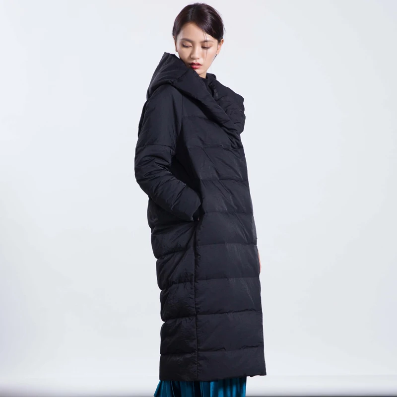 YNZZU бренд, зимние женские длинные пуховики, повседневные свободные пуховые пальто с капюшоном, высокое качество, теплая Женская куртка O595