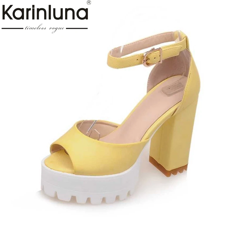 

KARINLUNA Ankle Strap Women Pumps Vintage Square High Heel Open Toe Platform Shoes For Woman Party Wedding Big Size 33-43