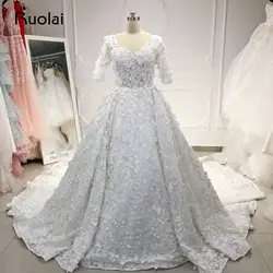 Роскошные свадебные платья 2019 с коротким рукавом Дубай свадебное платье длинный шлейф жемчуг 3D цветок кружева свадебное платье Vestido de Noiva RW24
