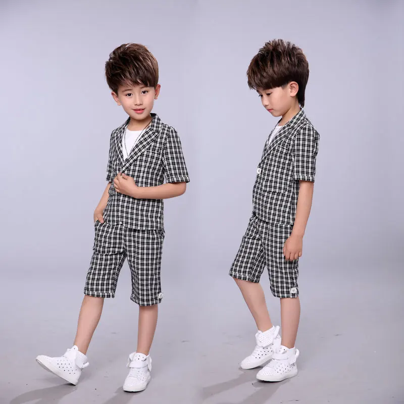 

Flower Boys Formal Plaid Suit for Weddings Prom Party Children Gentleman Suit Sets Boys Tuxedo Coat Shirt Shorts 3Pcs Costume 78