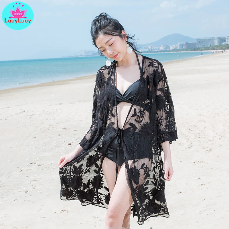 2019 bikini blouse jacket hot spring bathing suit outside take off lace hollow beach holiday skirt sunscreen cardigan women