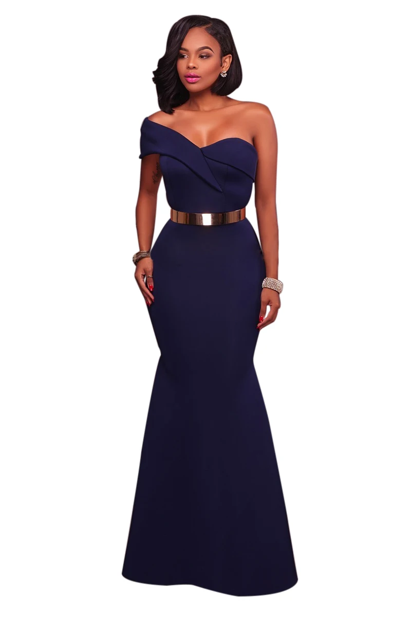 2017 Summer Navy Blue Sexy One Shoulder Ponti Gown Elegant Sweetheart ...