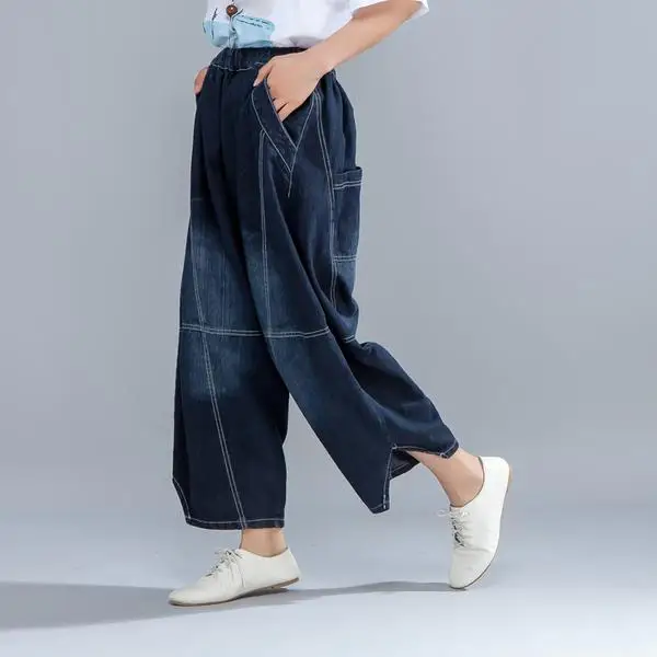 BUYKUD 2018 Summer Casual Women Light Blue Denim Jeans Lantern Pants Elastic Waist Harem Loose Ankle-Length Pants With Pockets (4)