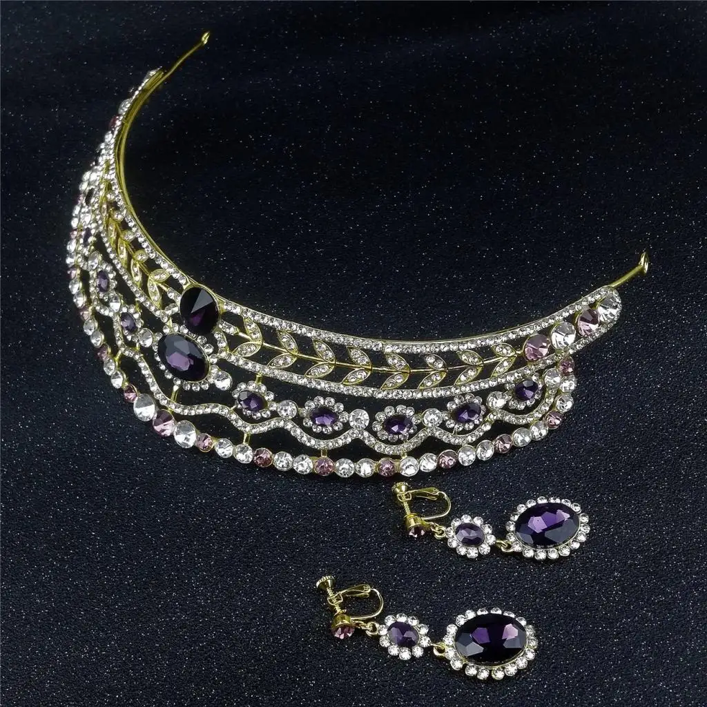 Vintage Wedding Bridal Diamante Rhinestone Baroque Queen Tiara Crown Dangle Earrings Party Jewelry Set Silver Gold