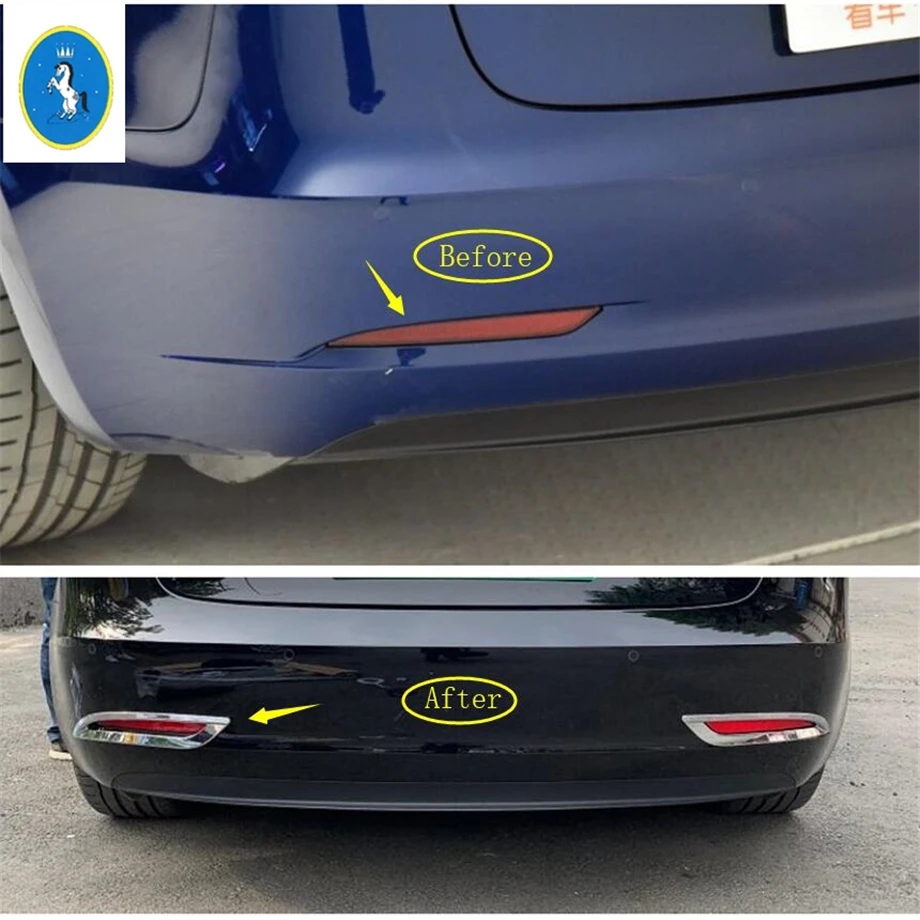 

Yimaautotrims Auto Accessory Rear Tail Fog Lights Lamp Frame Cover Trim 2 Piece ABS Fit For Tesla Model 3 2018 2019 Chrome Look